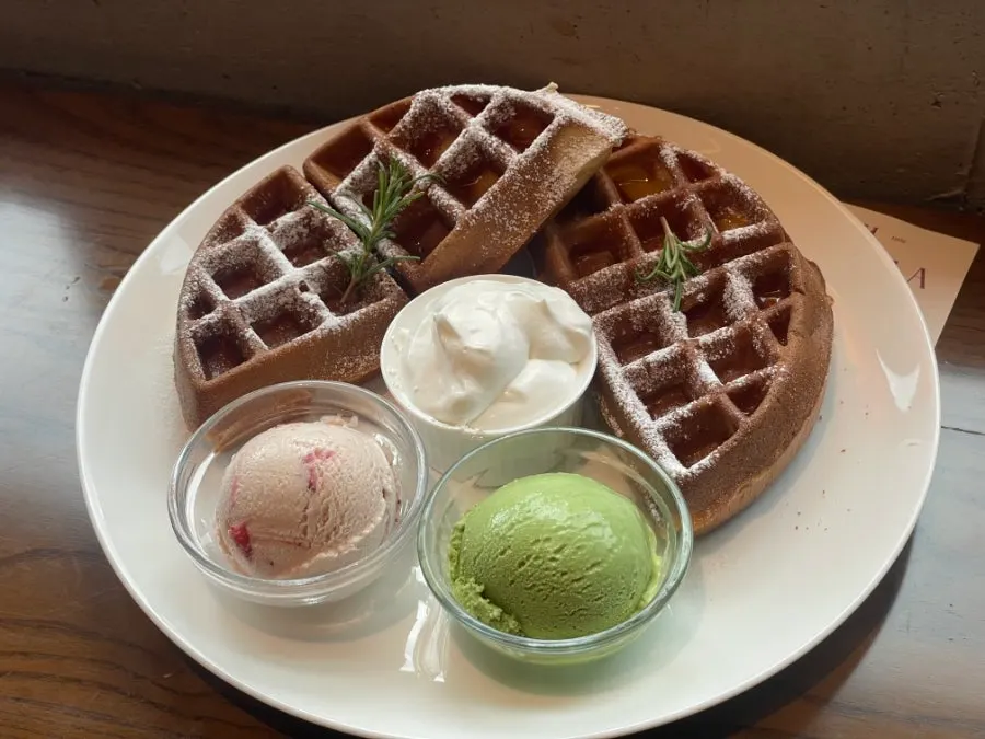 Two pour-over coffees and an ice cream waffle at Hands Coffee in Daegu