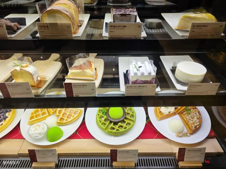 Desserts displayed in the showcase