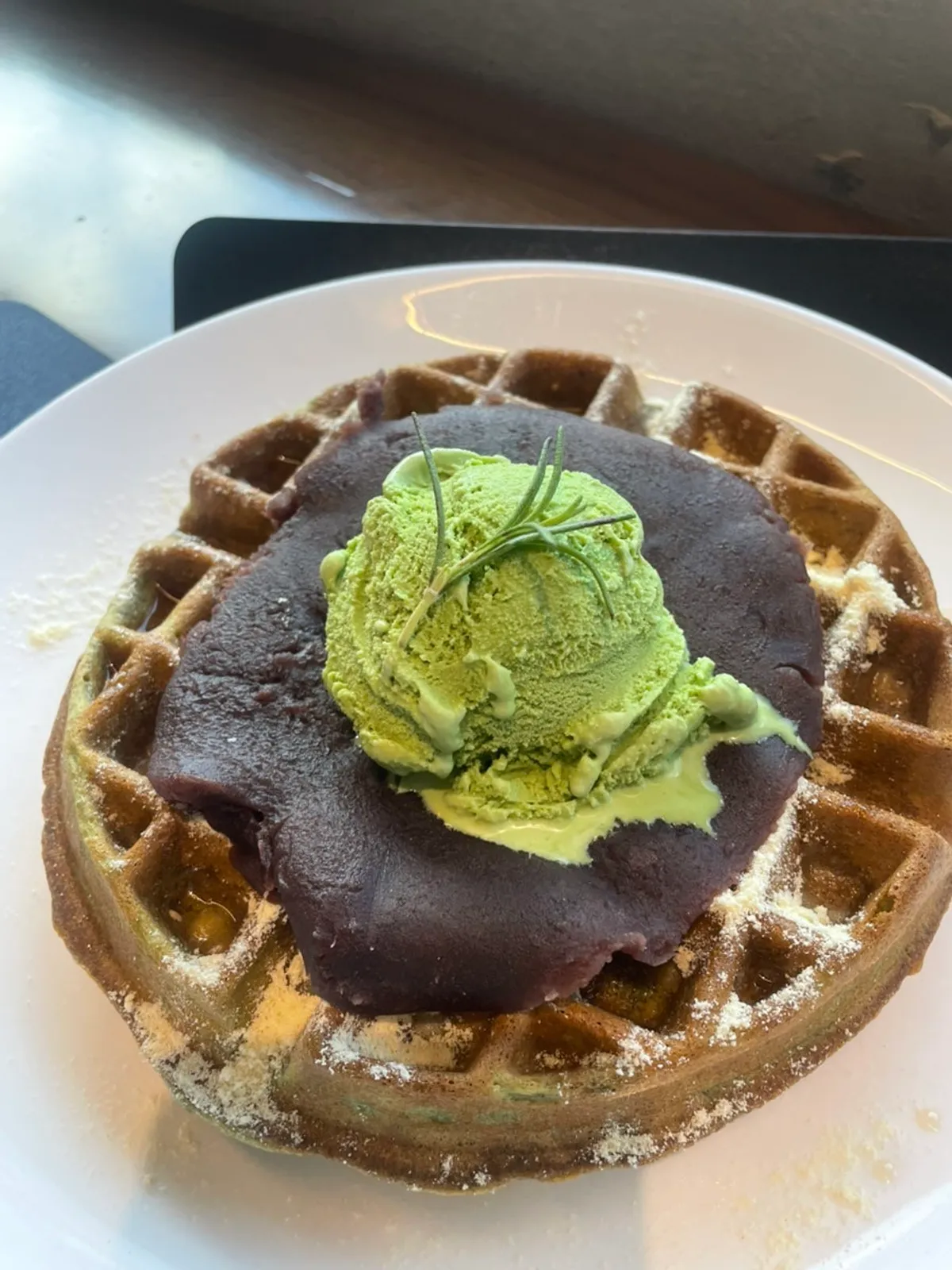 Matcha red bean waffle and green tea gelato