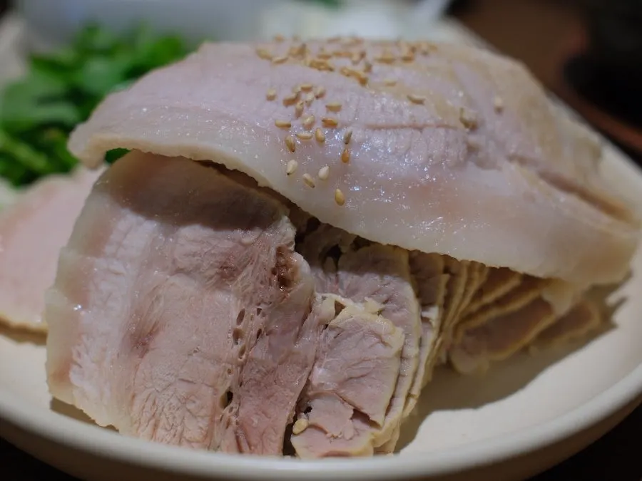 Close-up of thinly sliced bossam pork