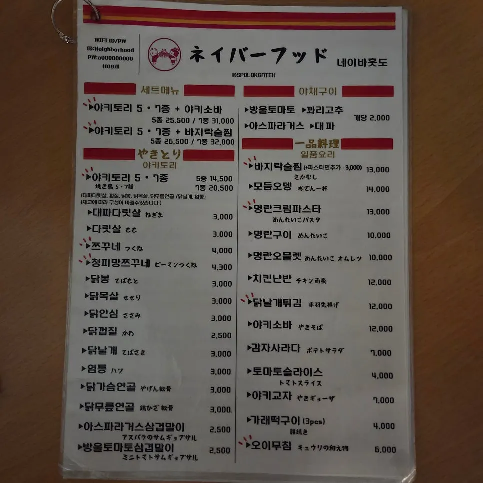 Naiba Hutto's yakitori menu board