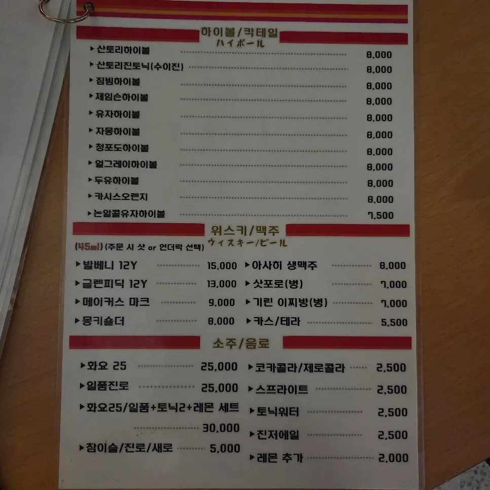 Drinks menu including non-alcoholic highball