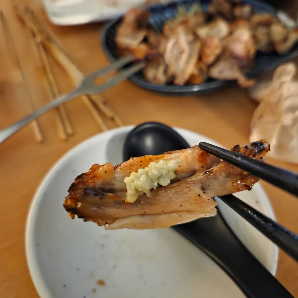 Close-up of yakitori skewers