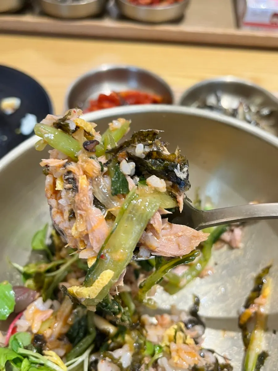 Bibimbap mixed with yeolmu and tuna