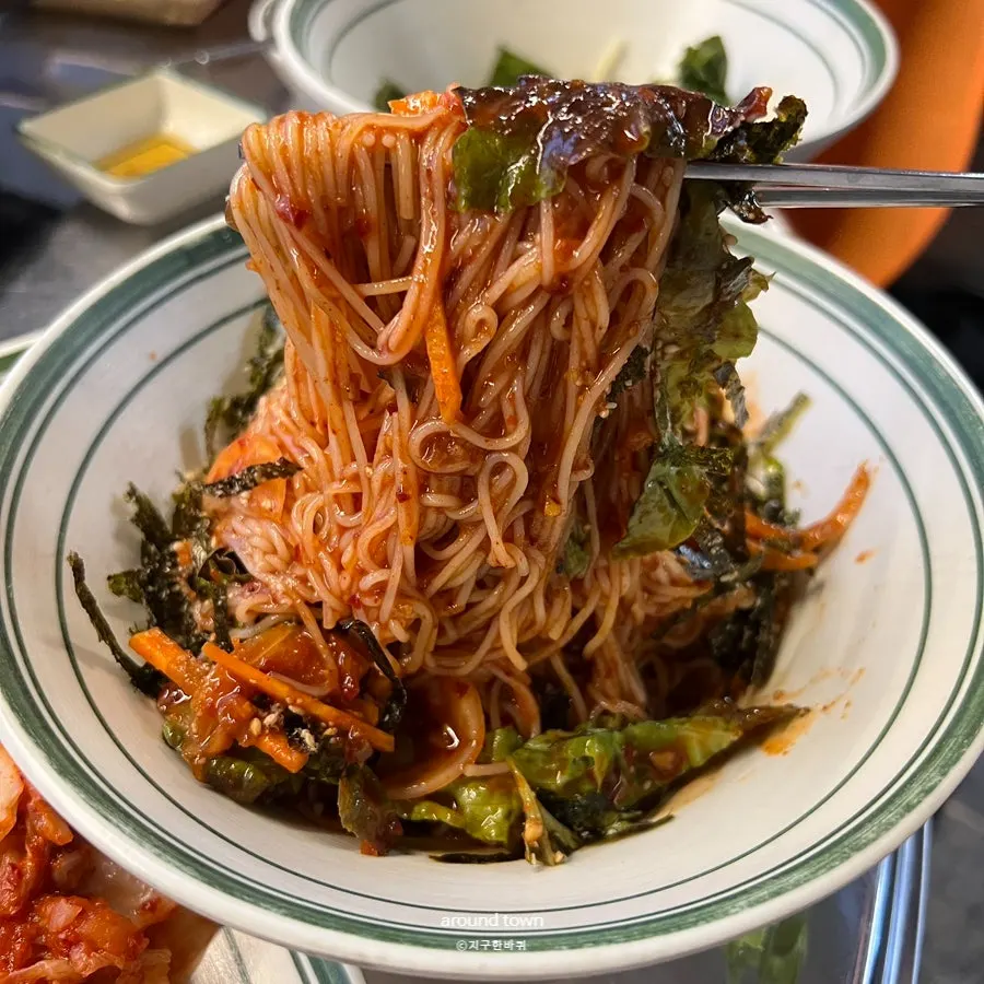 A piece of naengsam placed on top of the bibim guksu