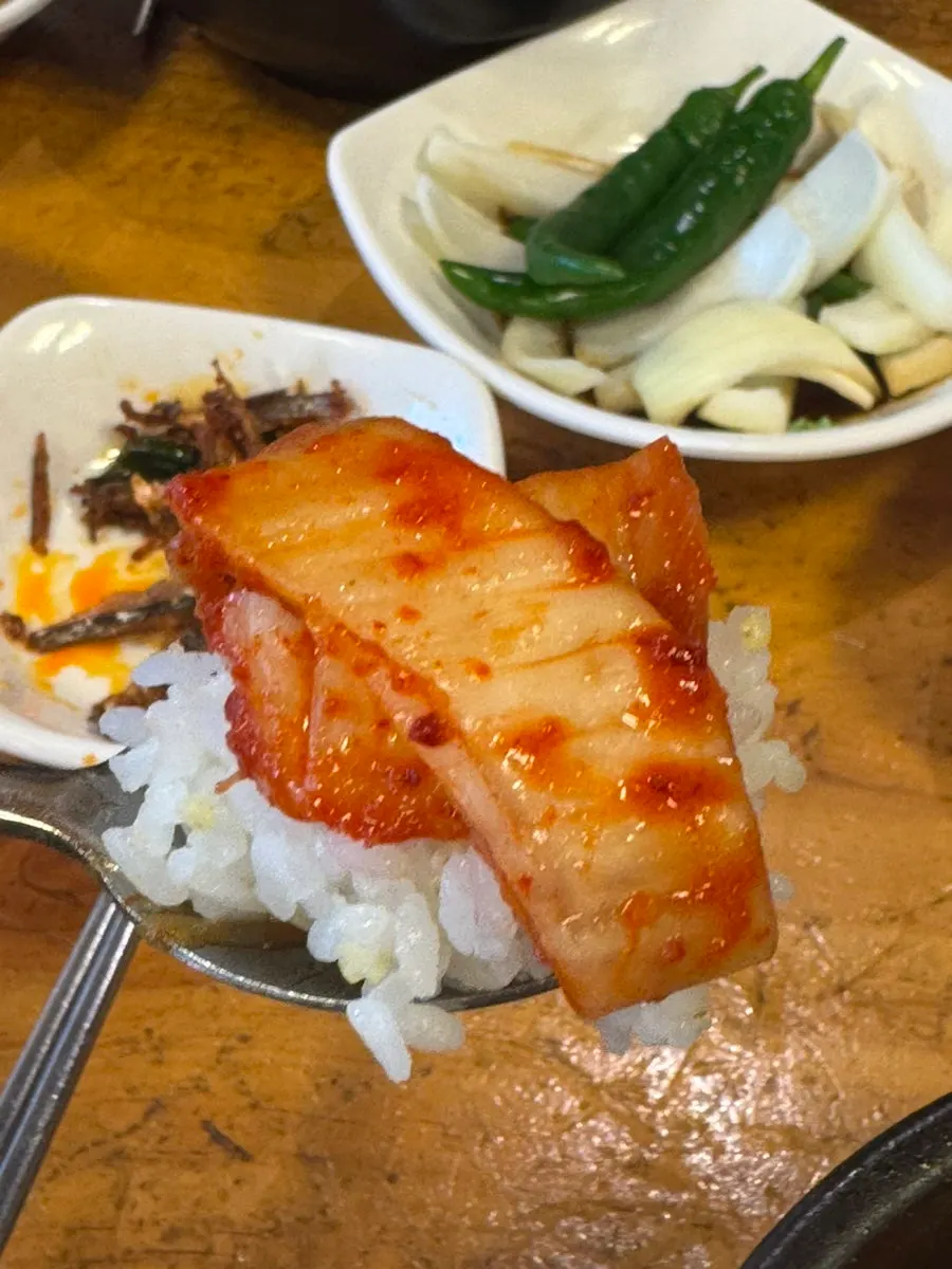 A piece of kimchi placed on plain rice