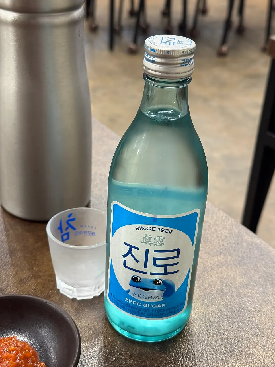 A bottle of Jinro soju placed on the table