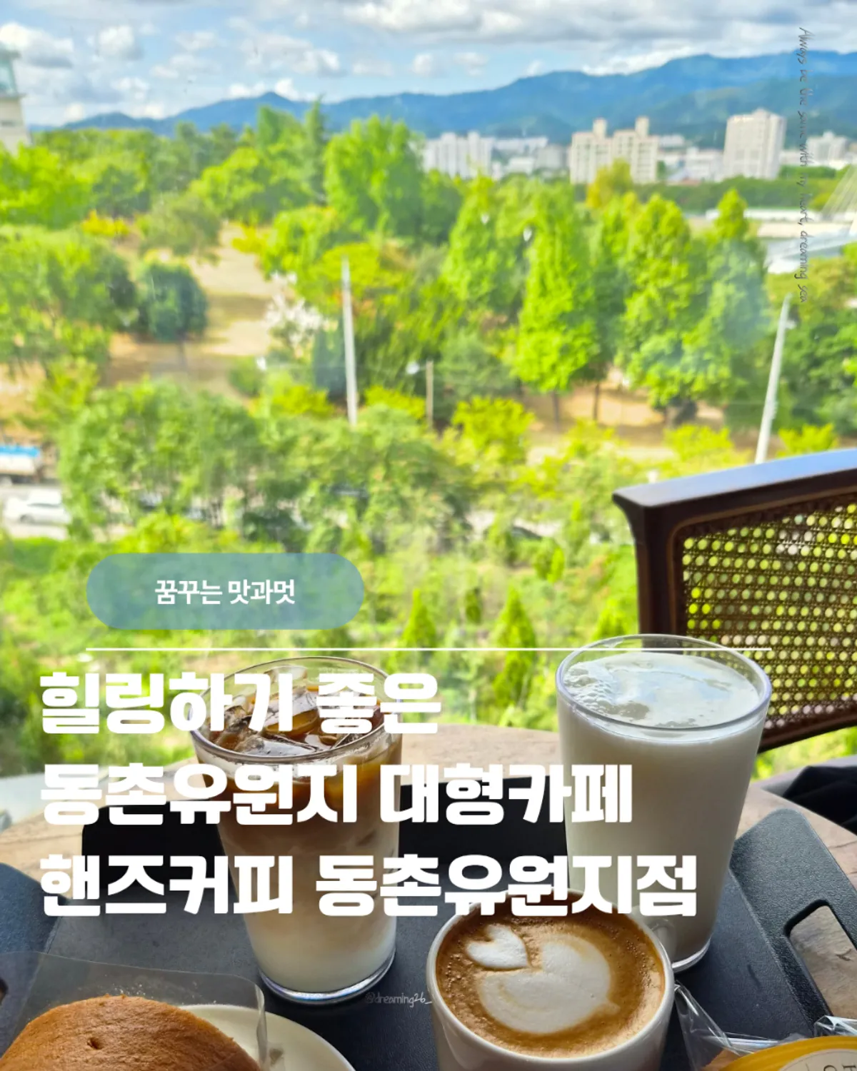 초록 나무 전망이 있는 카페 풍경