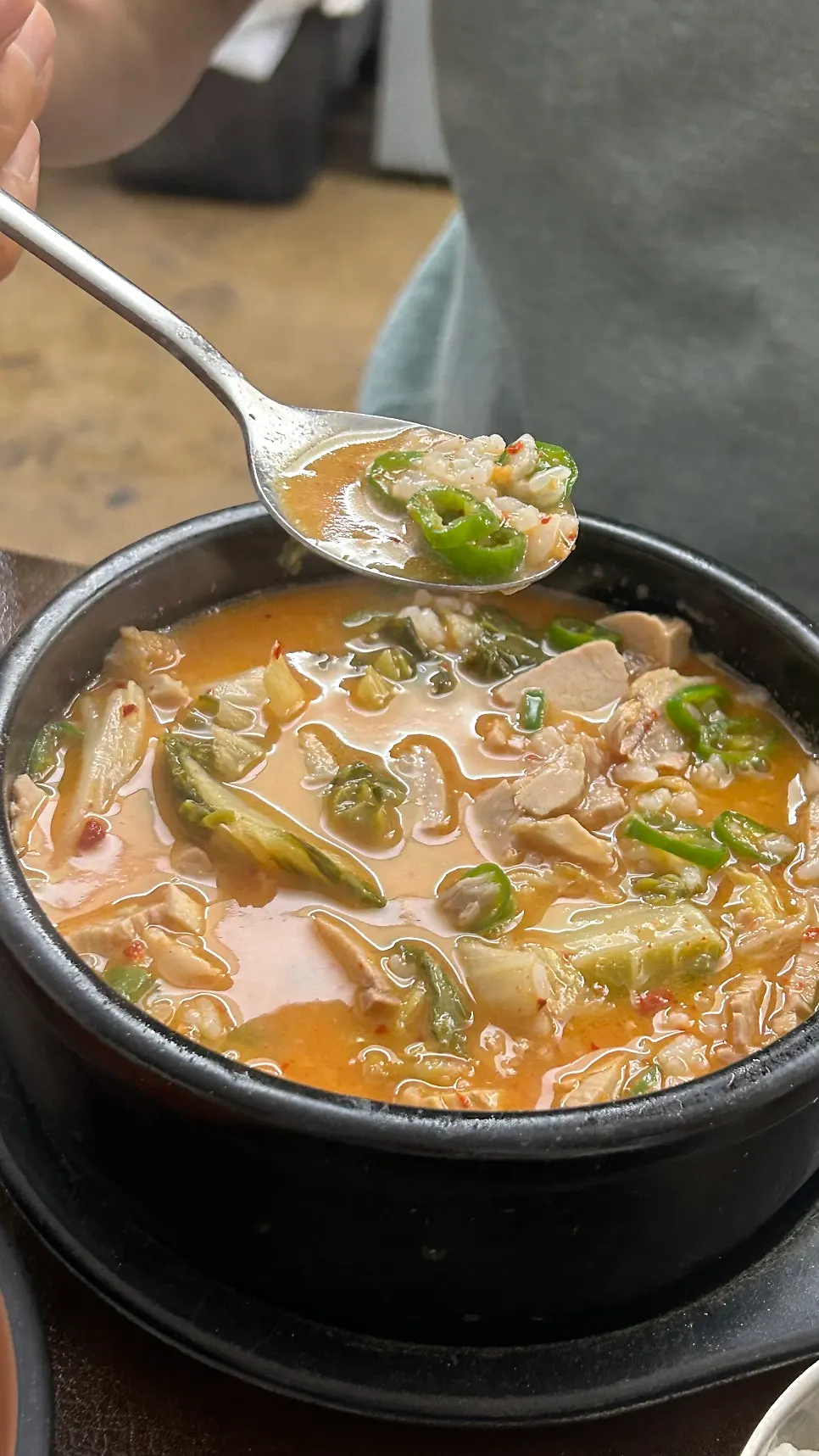 Inside the spicy gukbap showing siraegi and napa cabbage