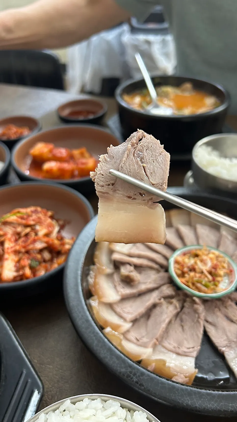 Close-up of a glossy plate of boiled pork