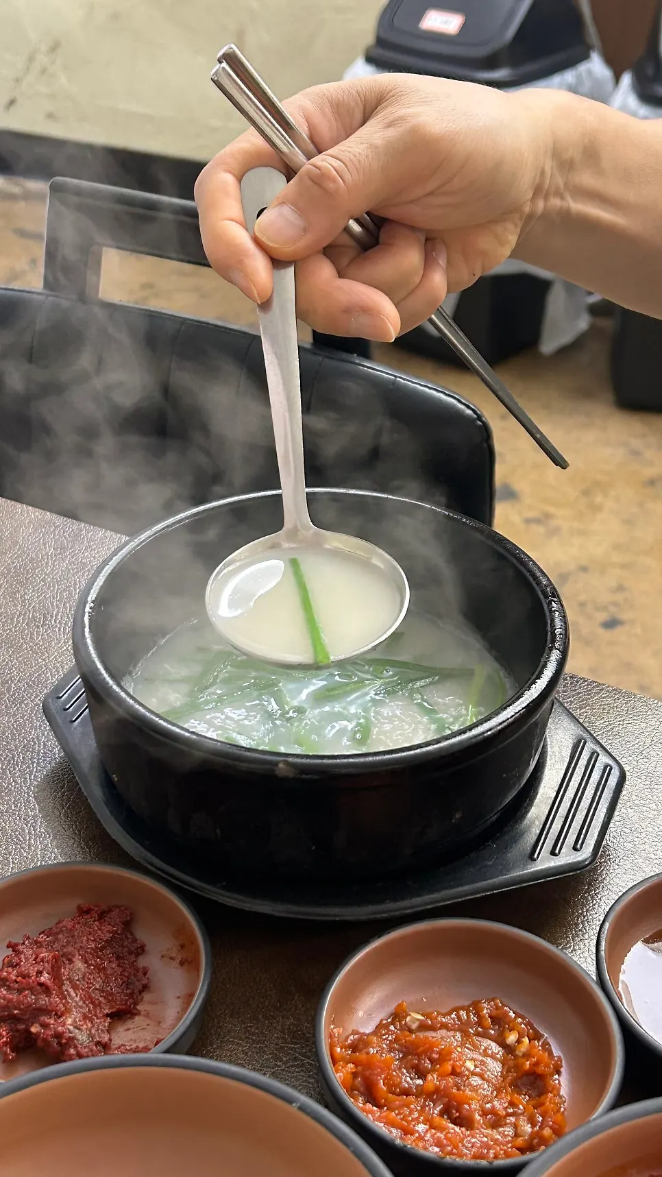Free refill of bone broth with a ladle