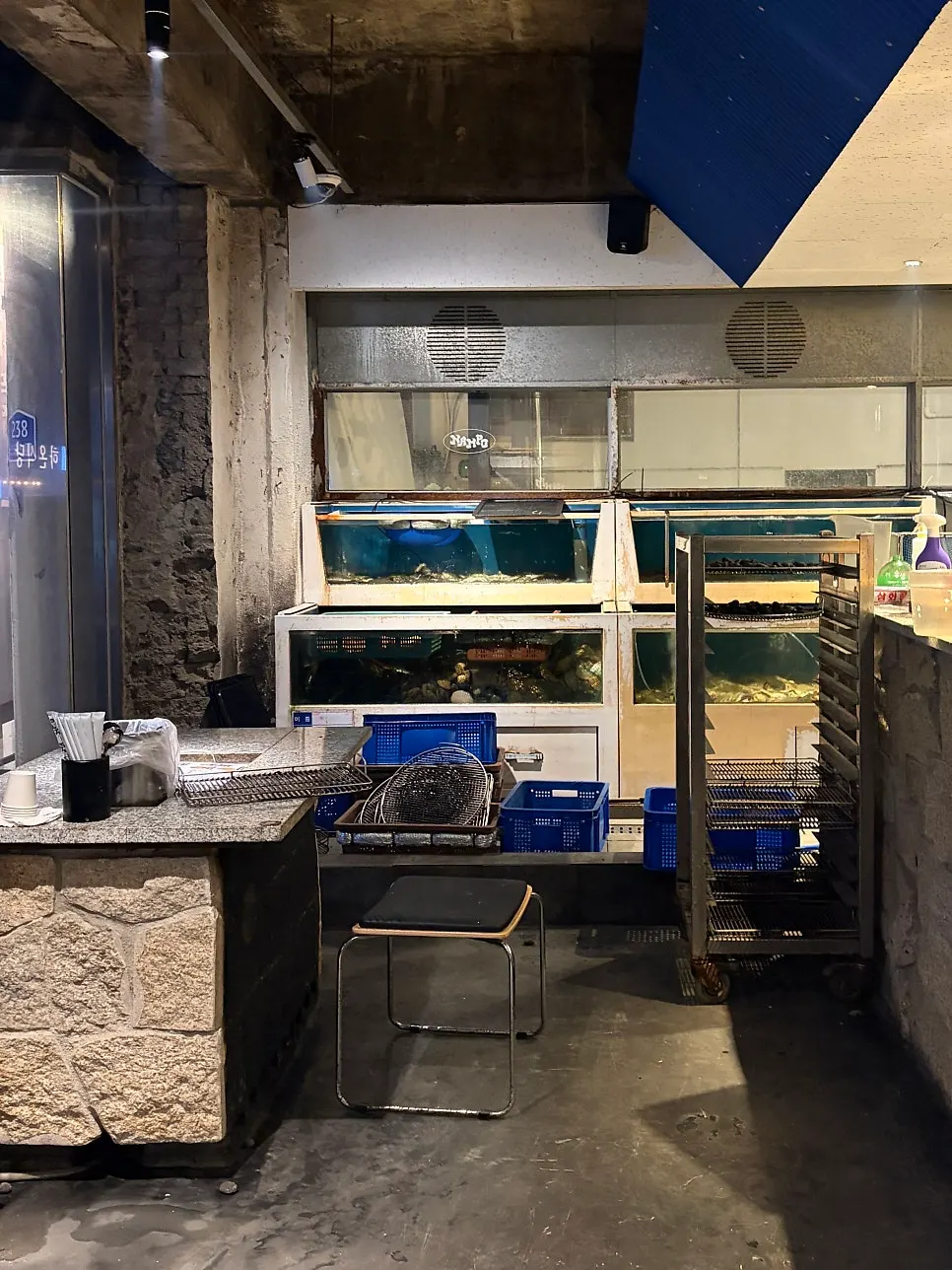 A seafood tank set up on one side of Nampo