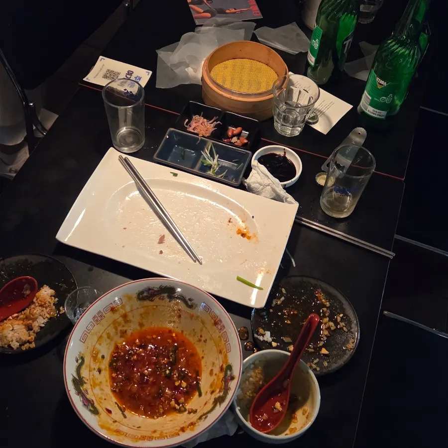 Finished Peking duck and mapo tofu meal spread