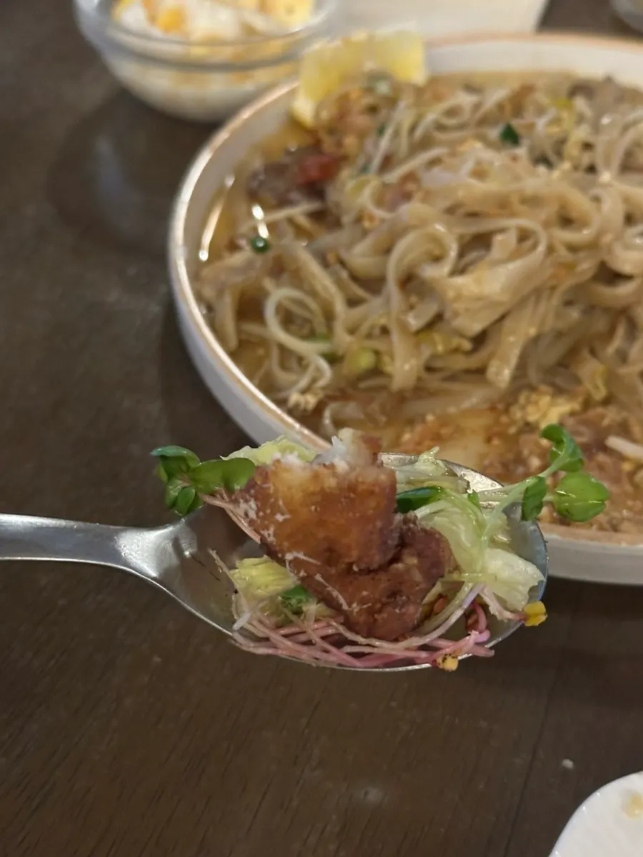 Close-up of a piece of kai phrai fried chicken