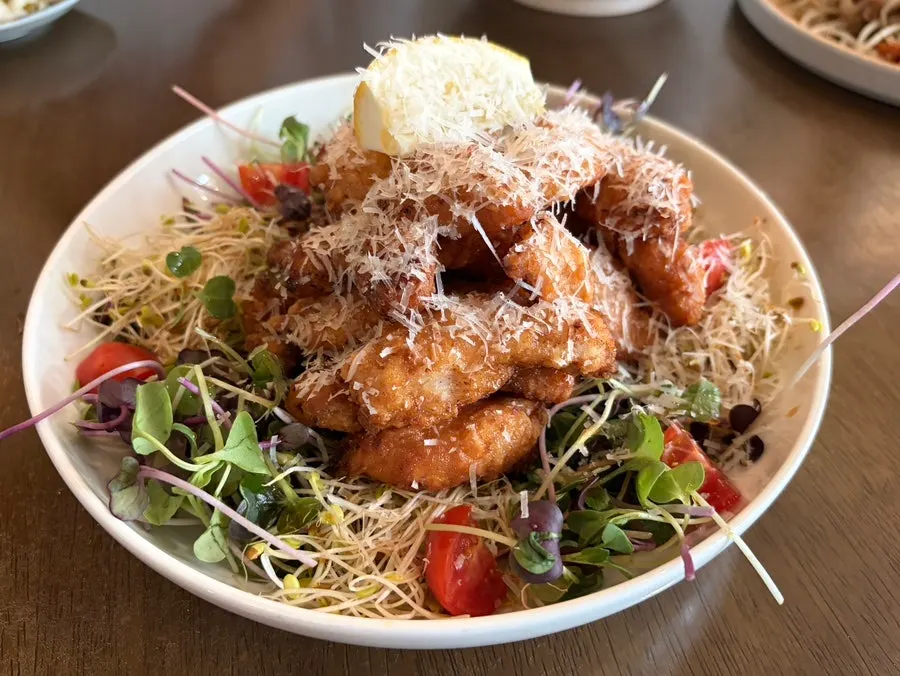 Kai phrai with soy-sauce seasoned chicken and salad
