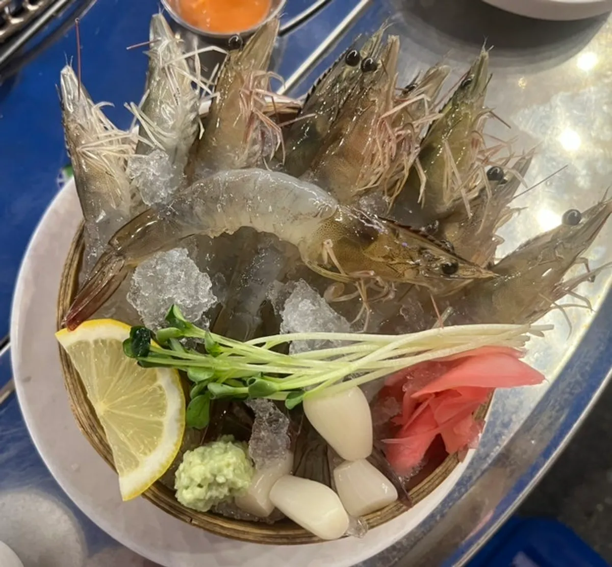 A plate of raw shrimp at Nampo