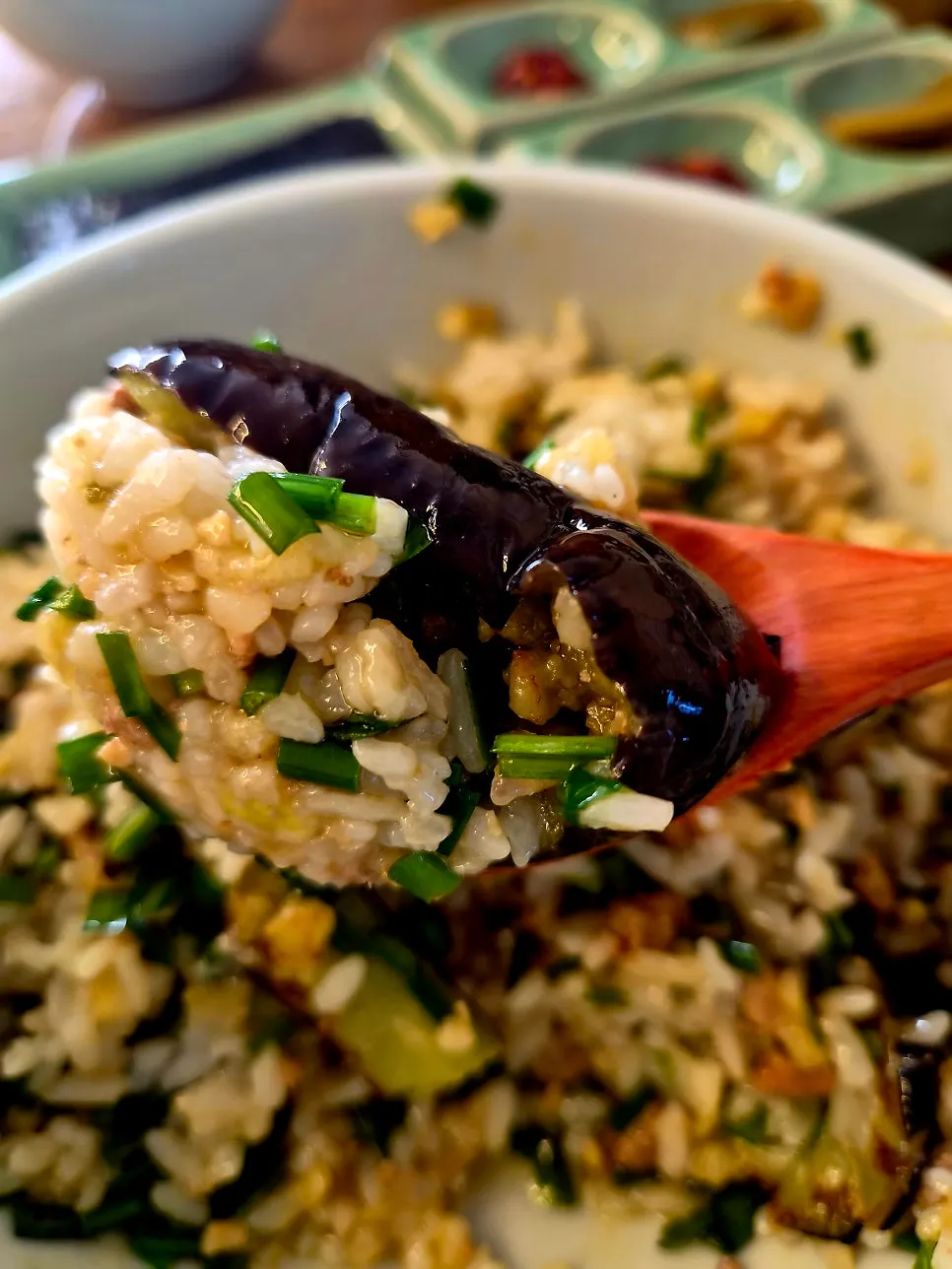 Eggplant rice bowl with doenjang sauce and toppings