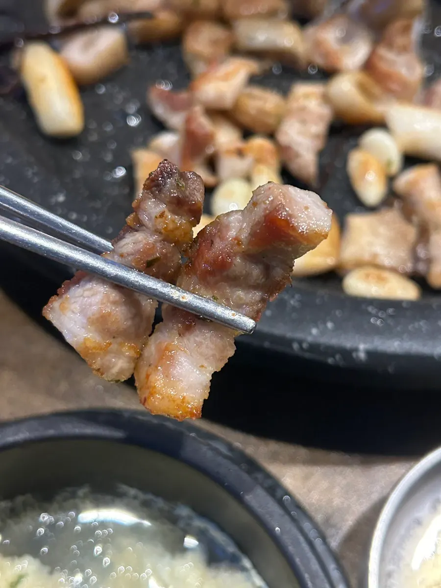 Golden-brown grilled raw pork belly