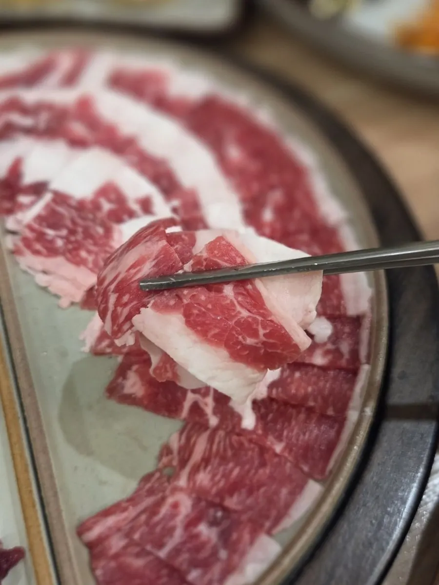 마블링이 보이는 차돌사시미 한쪽