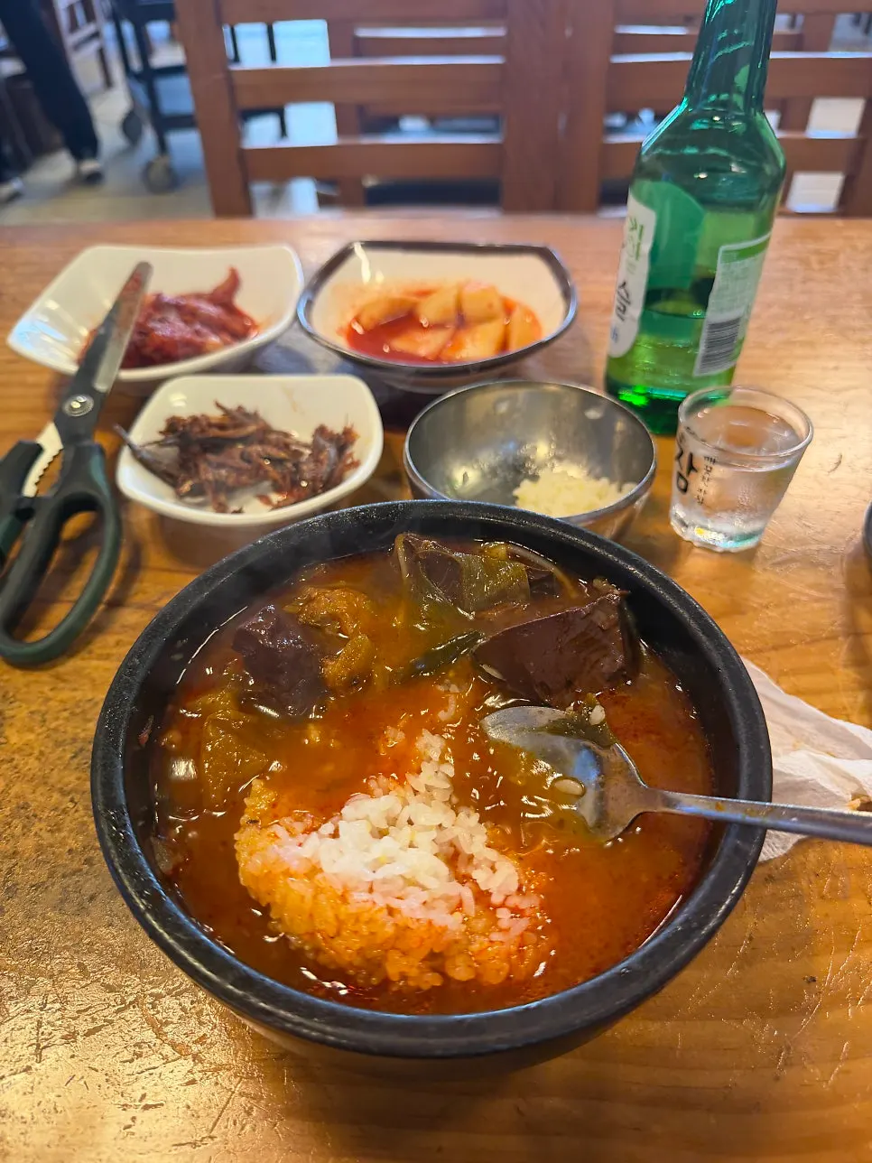 The hot pot bowl right before mixing in the rice