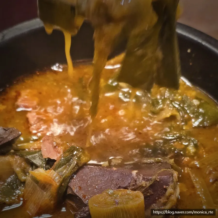 Close-up of the spicy ttaro-gukbap broth