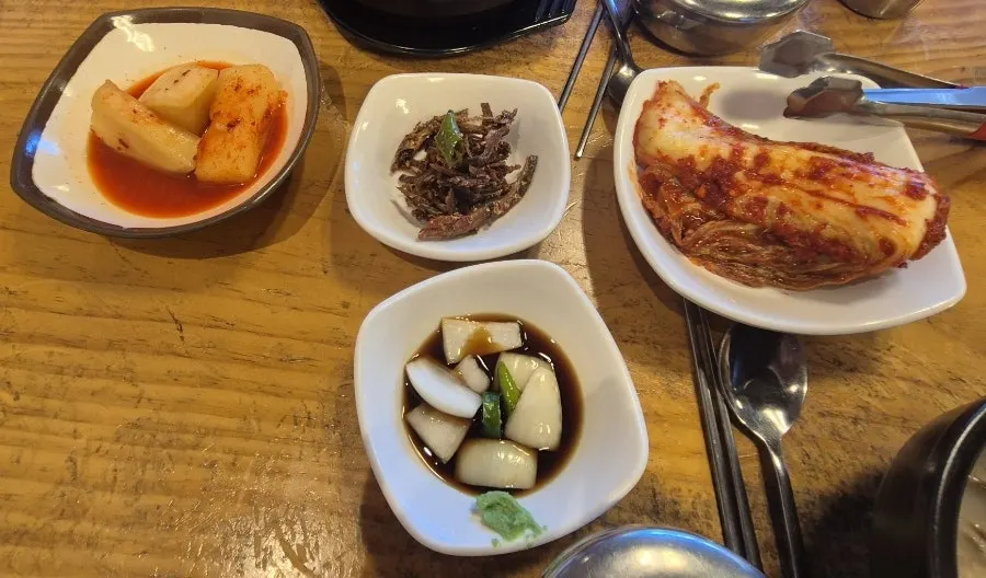Basic side dishes: kkakdugi, whole cabbage kimchi, soy-marinated onion, stir-fried anchovies