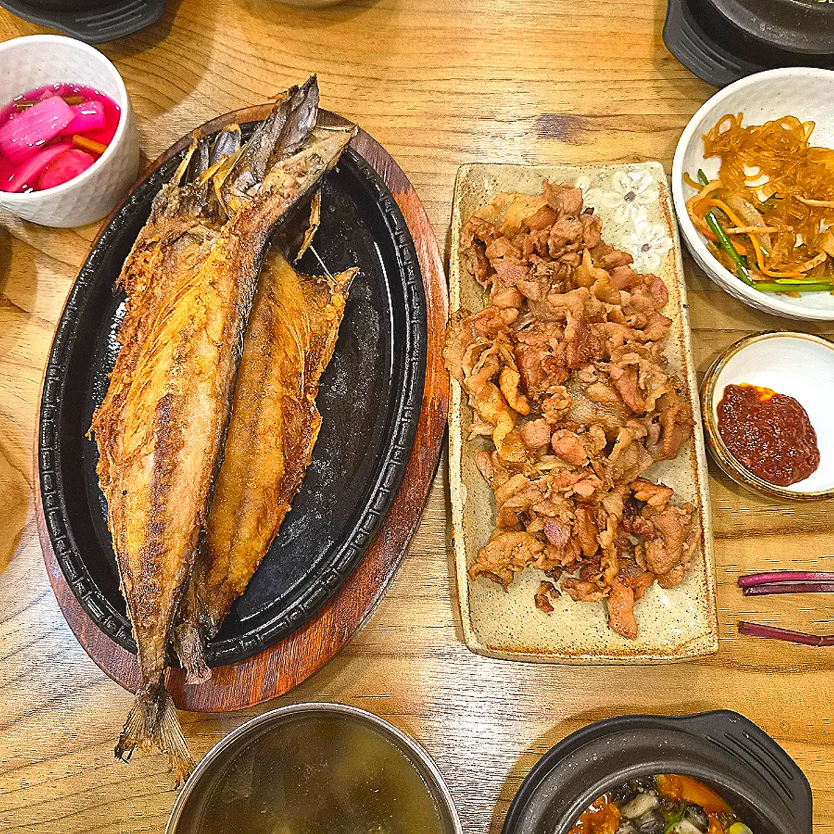 A full table with several dishes together