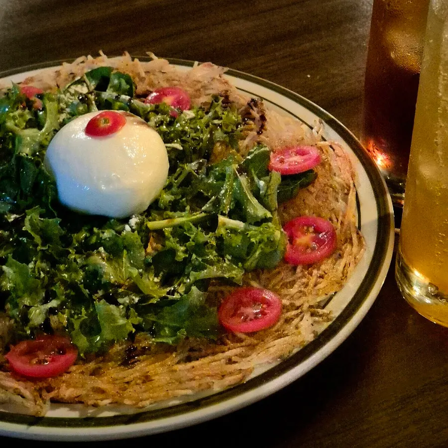 Burrata cheese potato pancake topped with cherry tomatoes