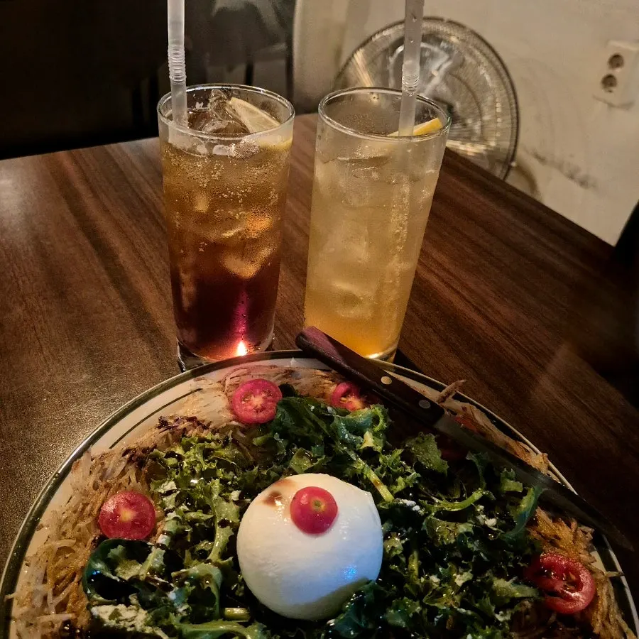 Burrata cheese potato pancake and salad combination