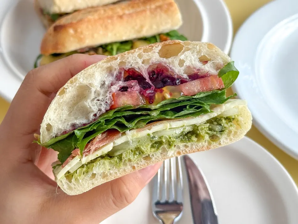 Cross-section of the ciabatta sandwich with added berry jam
