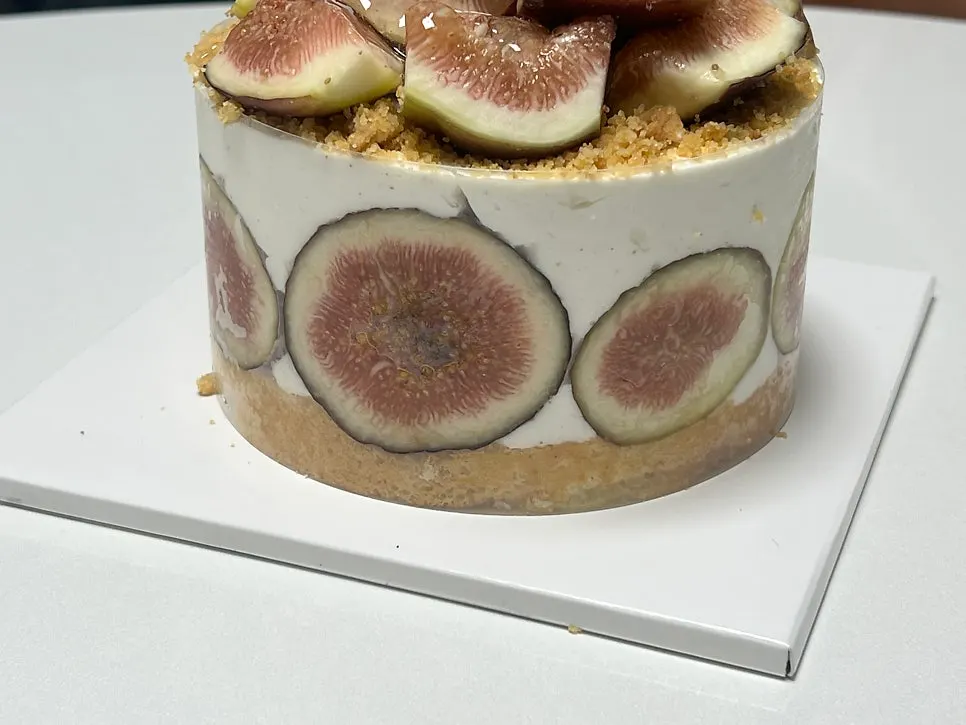 Honey vanilla fig cake taken out of its packaging