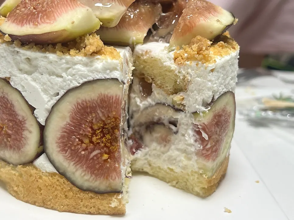 A slice of cake filled with figs all the way through