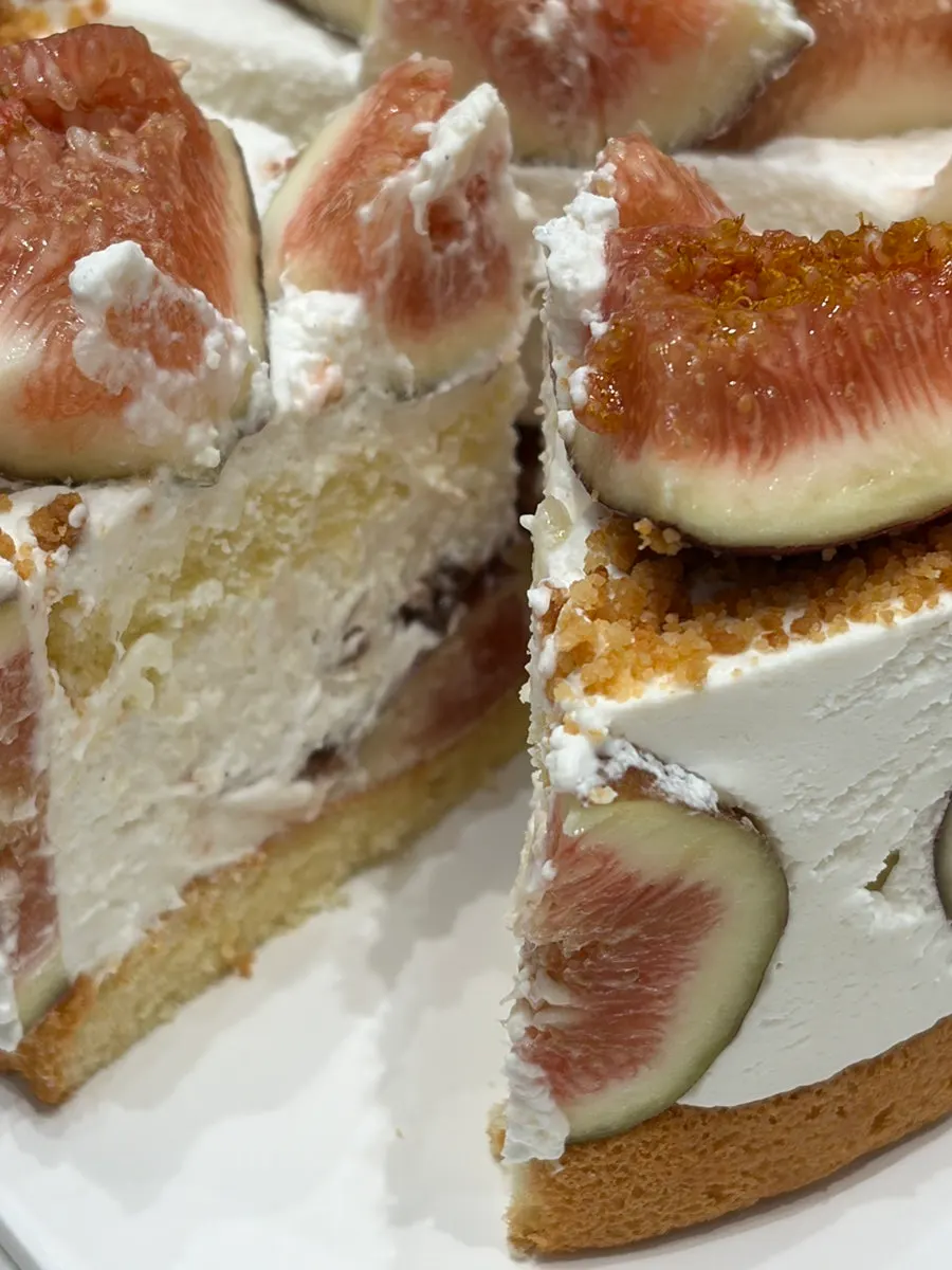 Close-up of the fig cake top drizzled with honey
