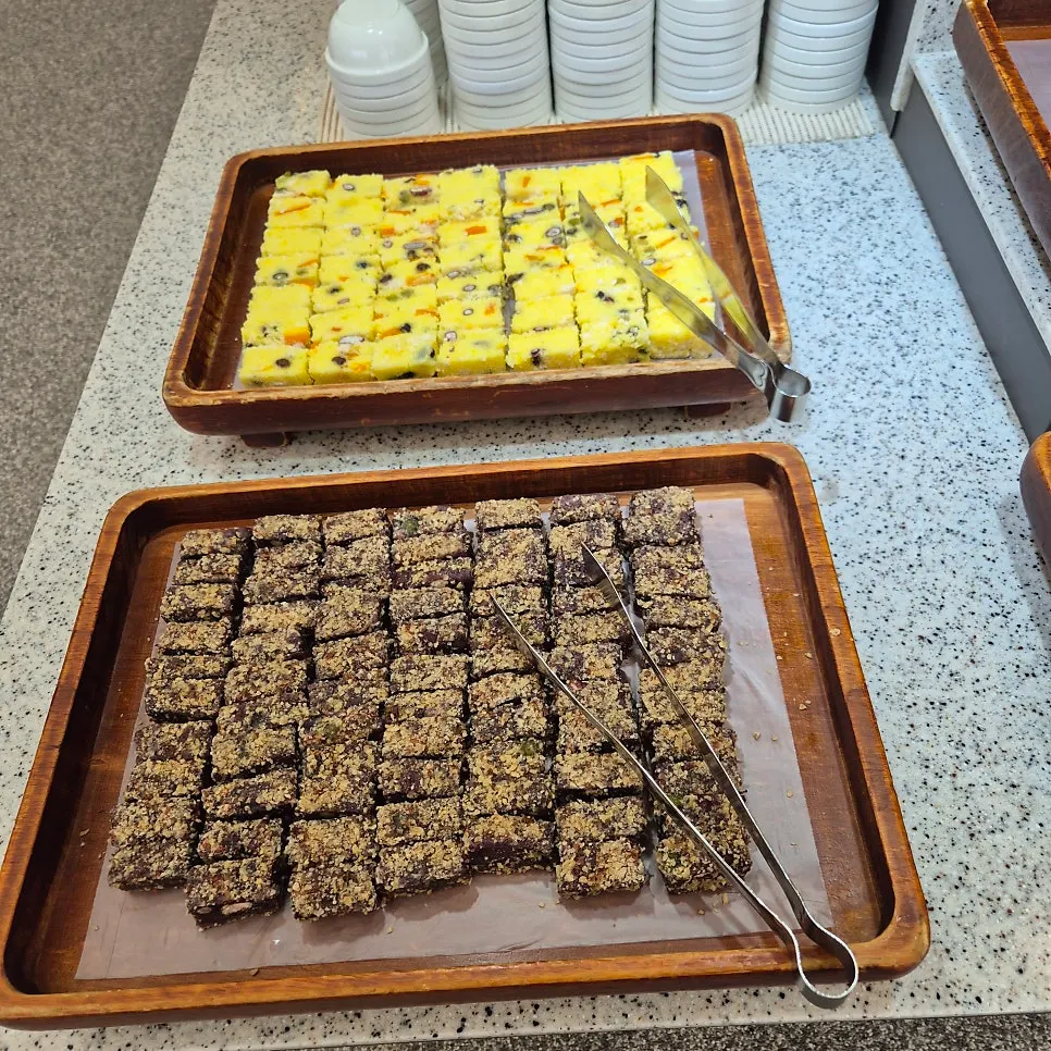 A buffet dessert plate with chewy rice cakes