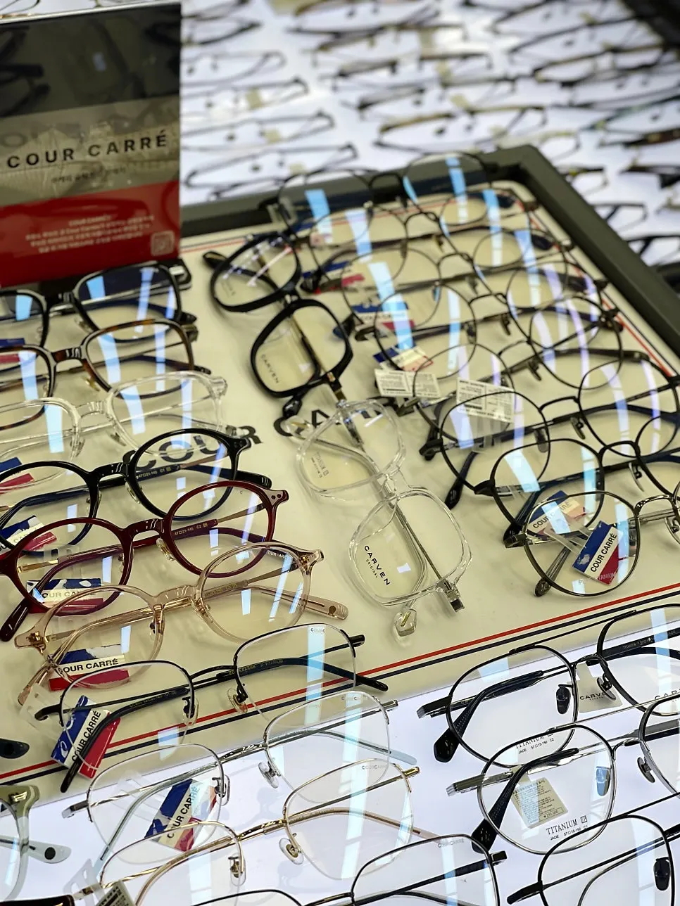 Glasses frame display and shop aisle