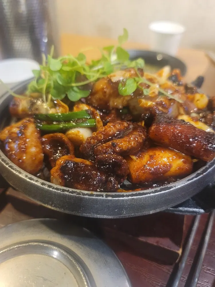 Close-up of plump stir-fried octopus