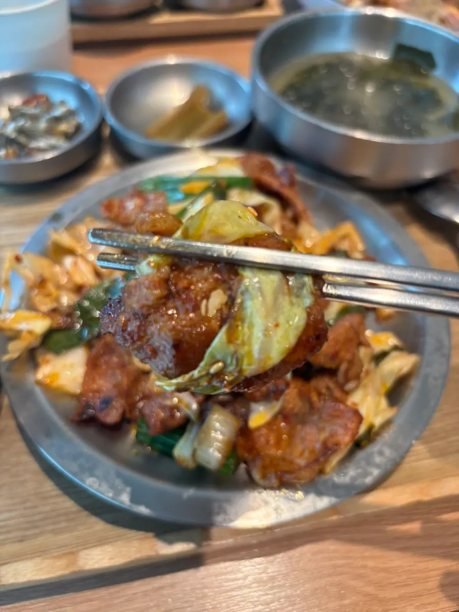 野菜を添えた直火豚肉炒め