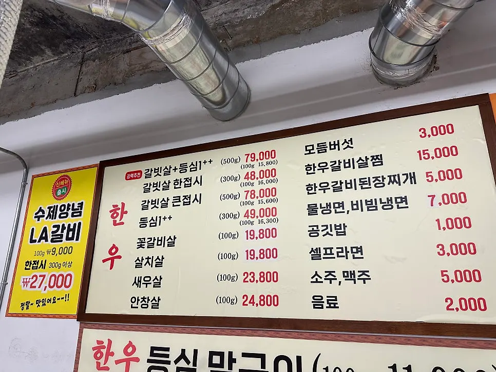 한우 부위별 가격이 적힌 메뉴판