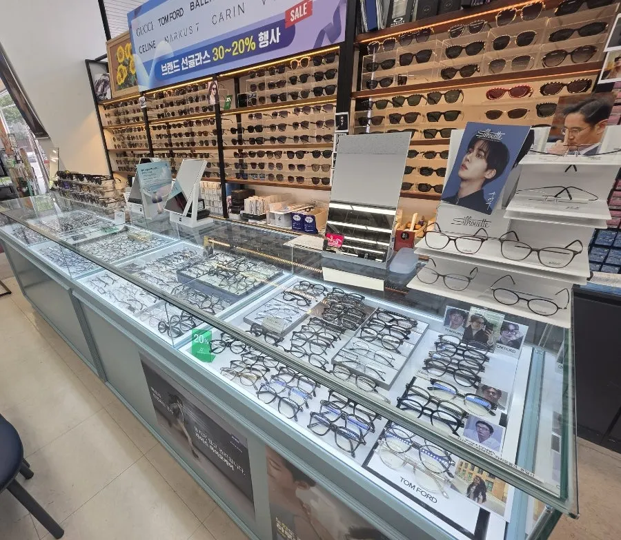 Row of Oakley products lined up in the display corner