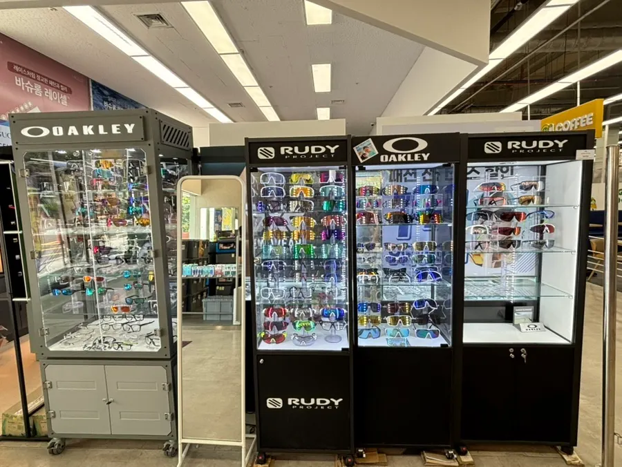 Overview of sunglasses display inside the store