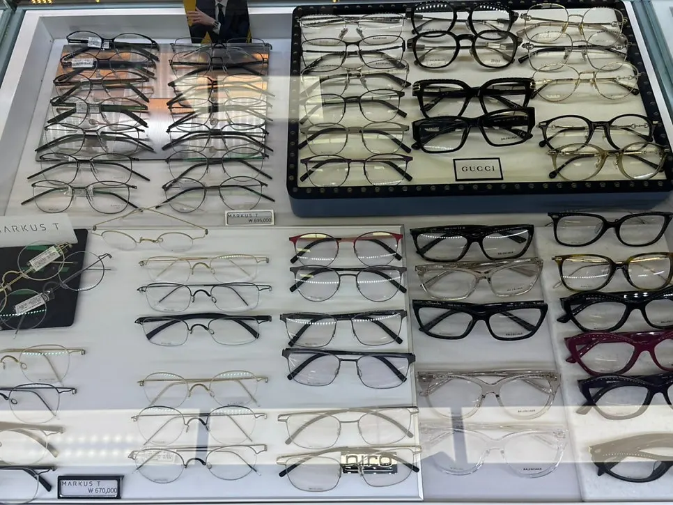 Lineup of brand-name glasses on display in the store