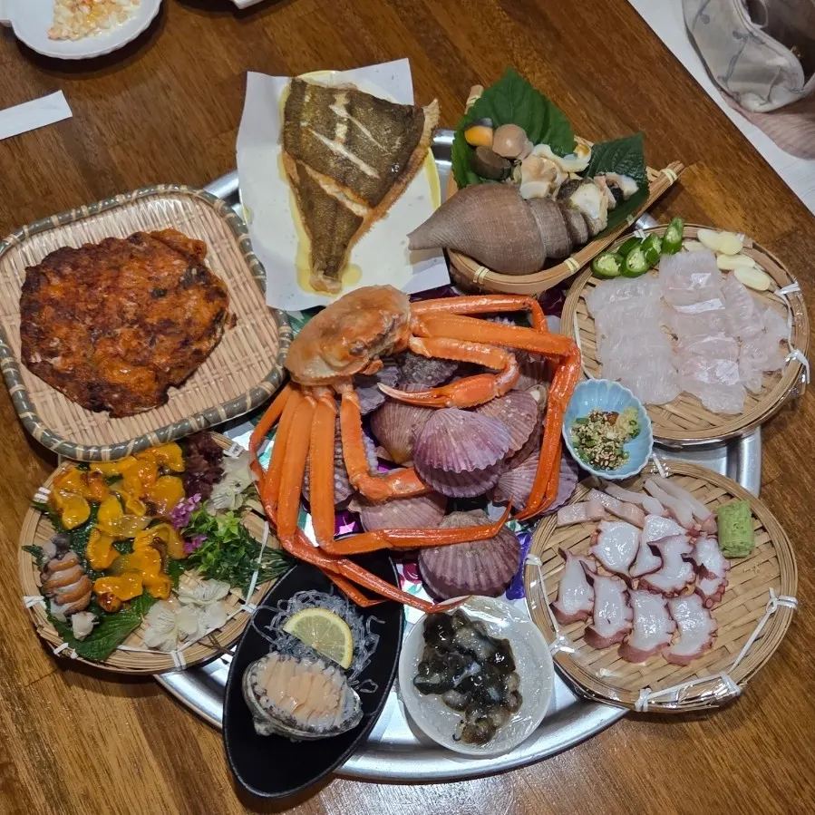 Seafood feast arranged on a large tray