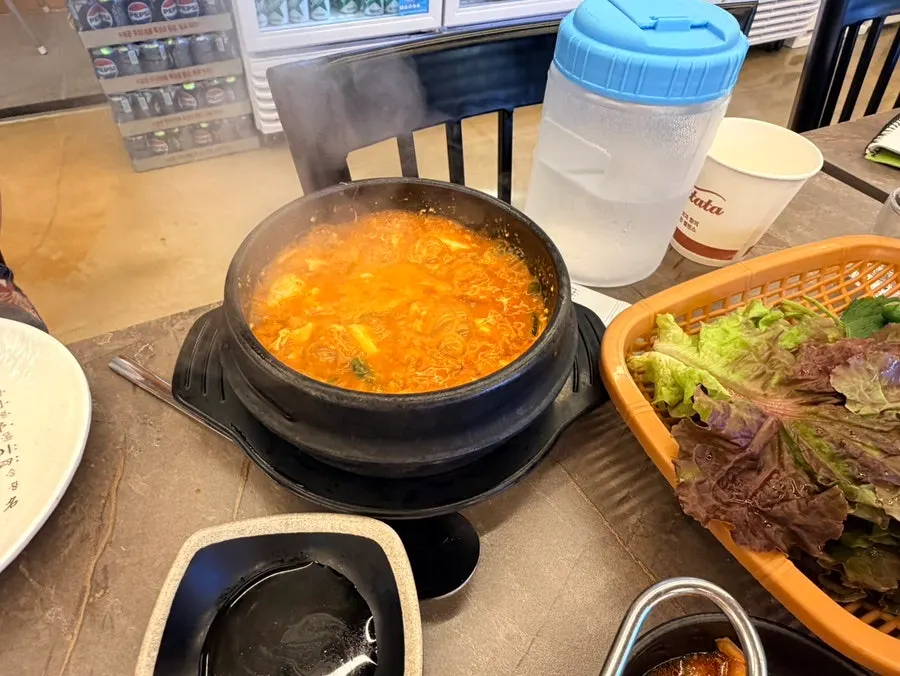 Complimentary sundubu jjigae served with the meat order