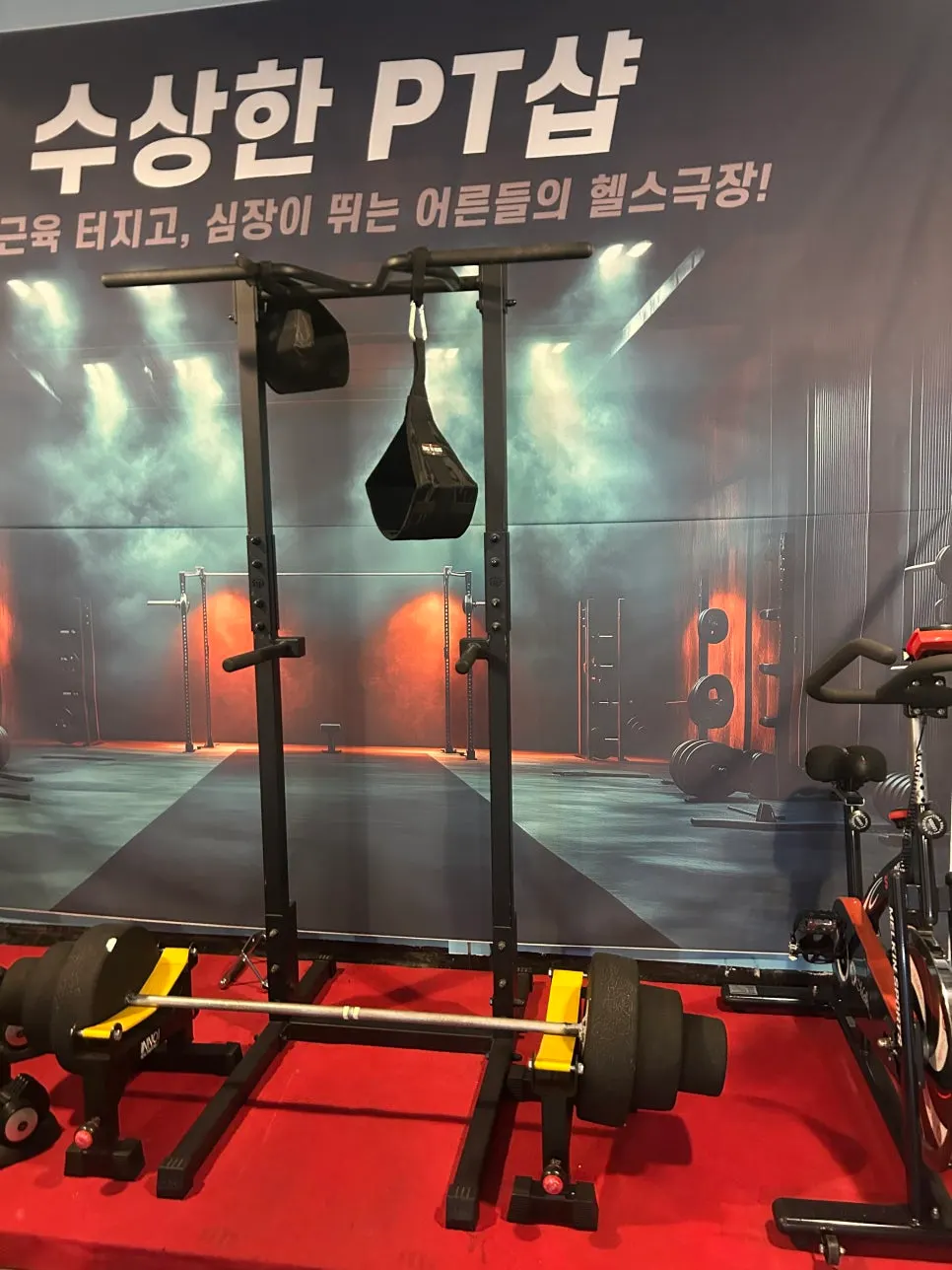 운동 기구로 꾸민 수상한 PT샵 포토존