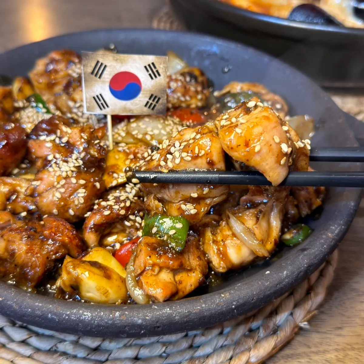 Close-up of Joseon Chicken stir-fried in galbi sauce