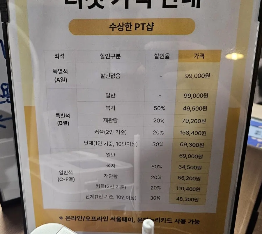 Price list at Nine Theater's info desk
