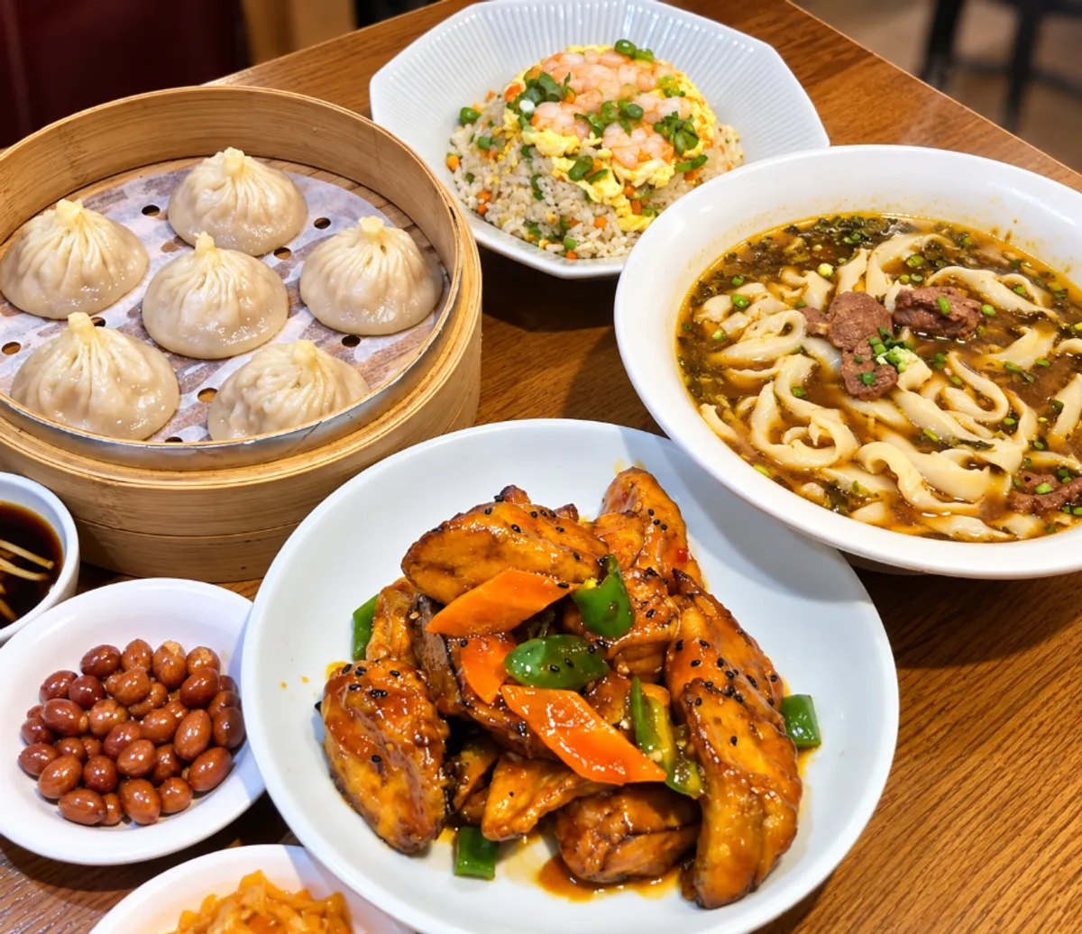 Beef knife-cut noodles, xiaolongbao, shrimp fried rice, and fried eggplant spread