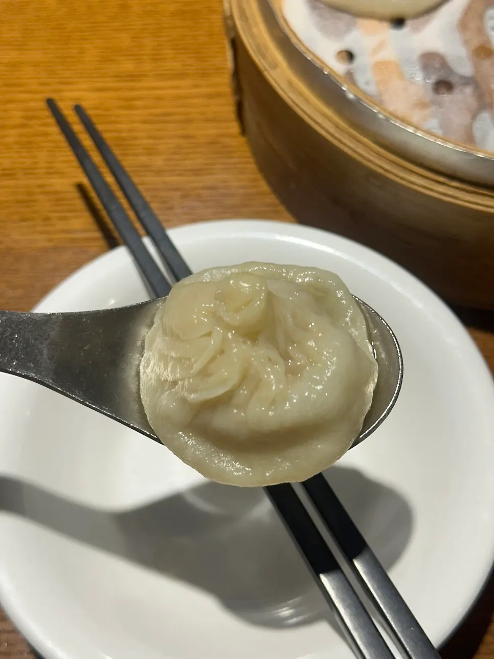 Cross-section of xiaolongbao showing the meat filling