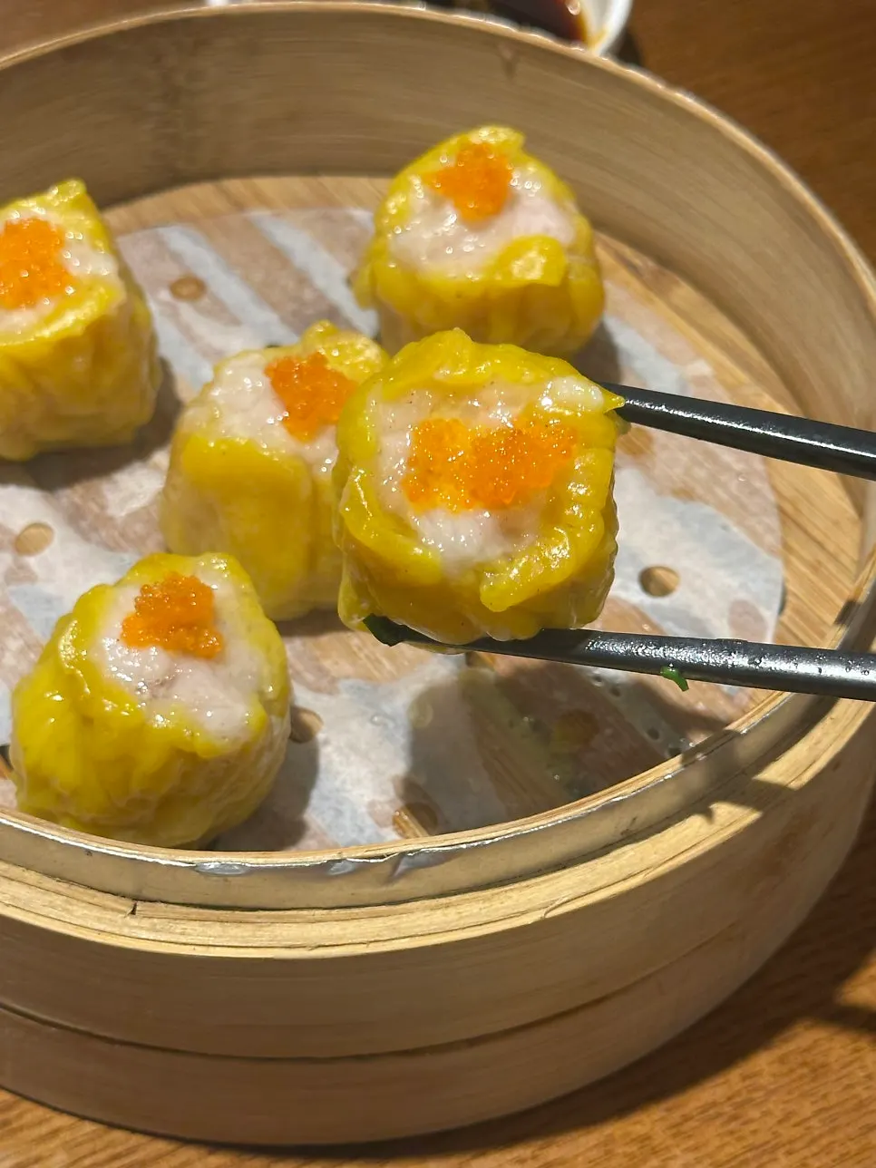 Cross-section of shumai showing whole shrimp