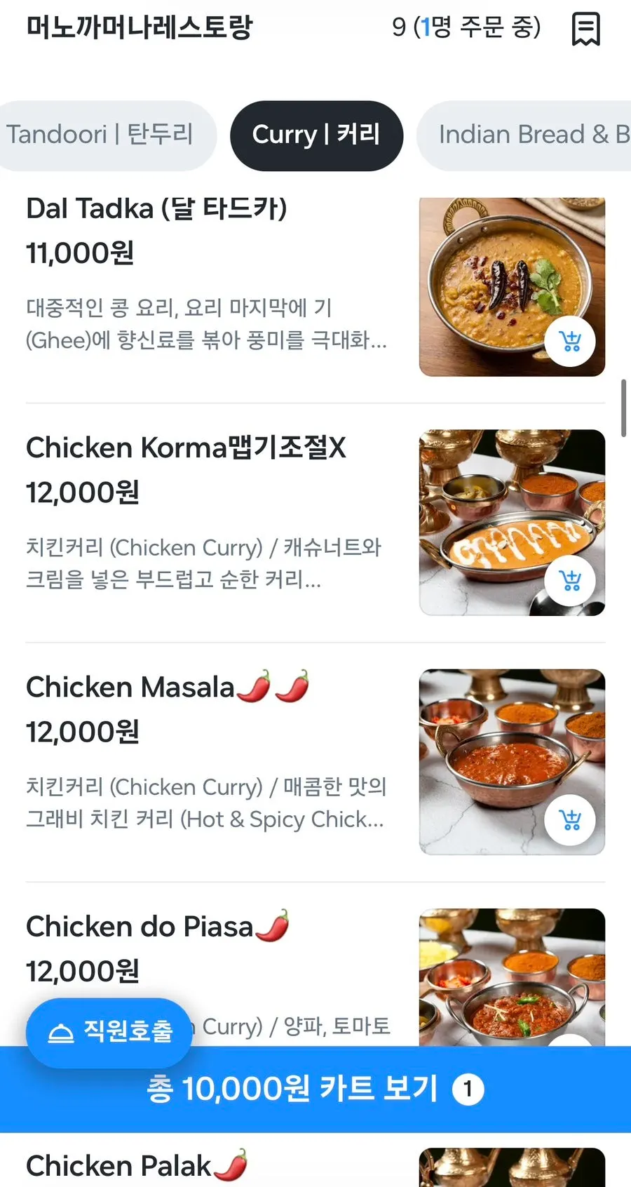 다양한 인도커리와 탄두리치킨 메뉴